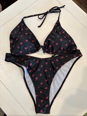 3pc Women’s Black Bikini Set with Pink Rose Print sz XL